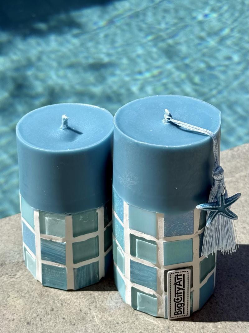 002 Blue Soy Candle Set with Mosaic Concrete Base – Designed on Koh Samui