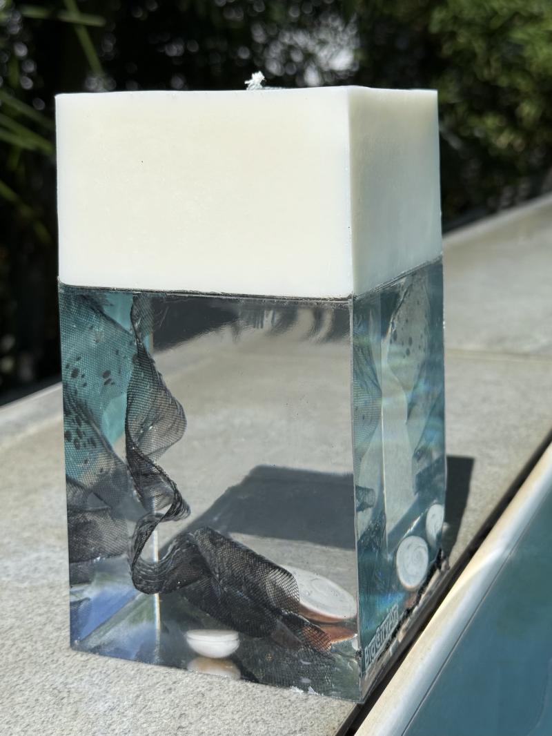 034 Big Square Soy Candle in Clear Epoxy with Shell & Fabric Art