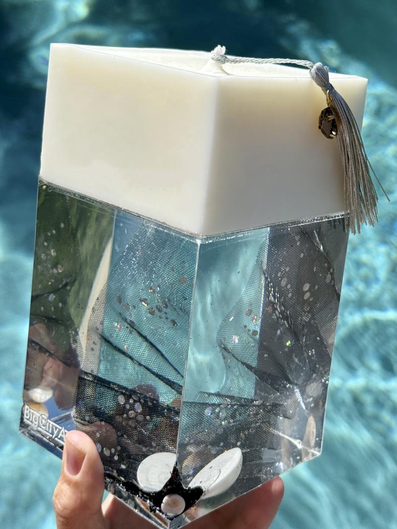034 Big Square Soy Candle in Clear Epoxy with Shell & Fabric Art