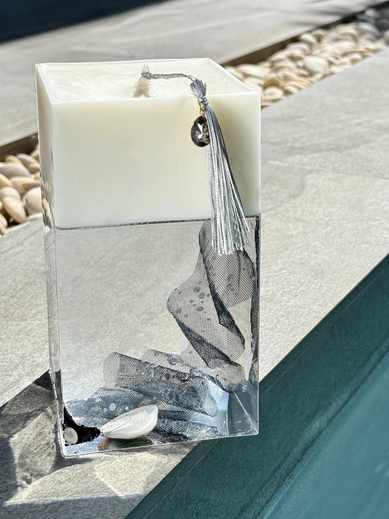 034 Big Square Soy Candle in Clear Epoxy with Shell & Fabric Art