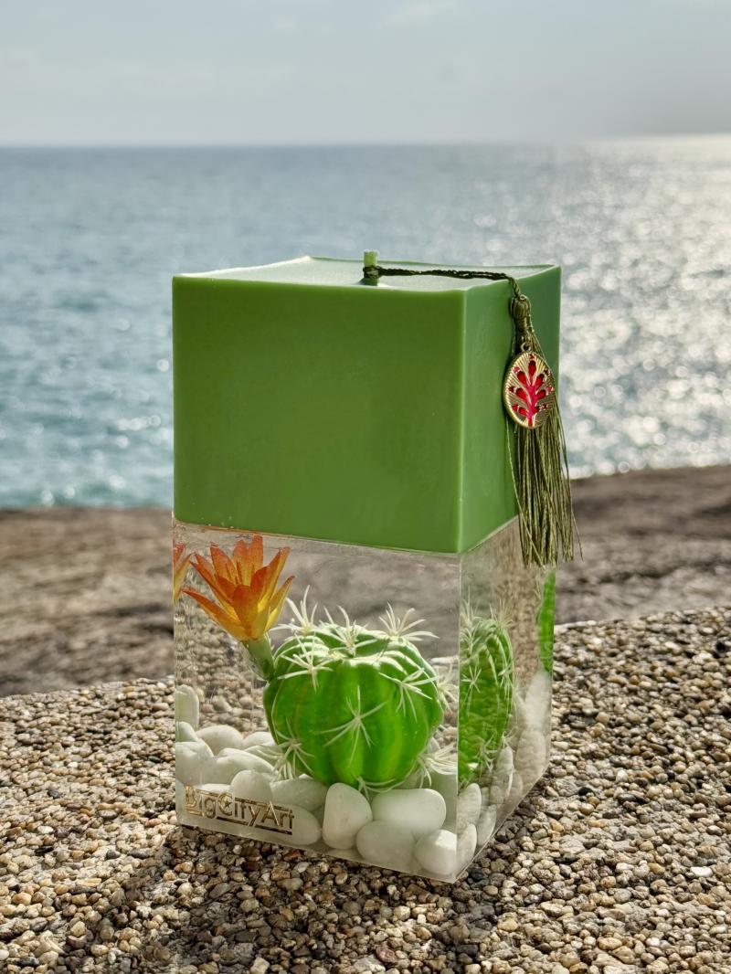038 Green Soy Candle with Cactus Garden in Epoxy Resin
