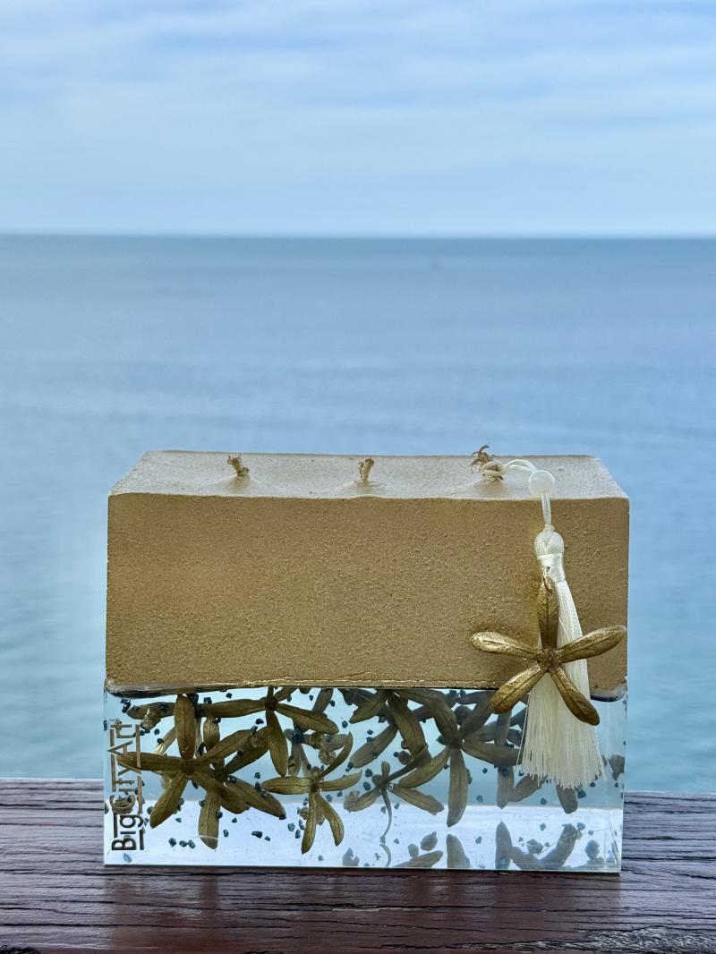 043 Gold Soy Candle with Epoxy Resin and Star Pods – Tropical Island Decor