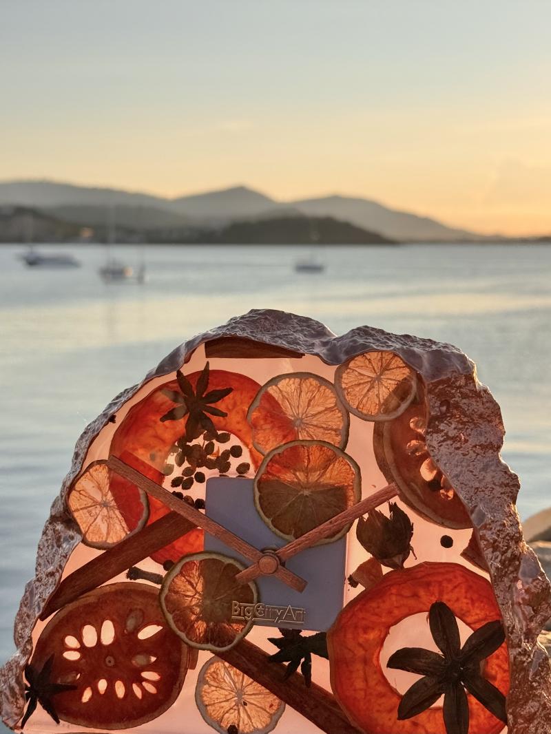 051 Rustic Resin Table Clock with Dried Fruit – Handcrafted Island Timepiece